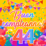 Un GIF animato per un 44° compleanno, Presenta il testo 'Buon Compleanno 44' su uno sfondo giallo vivo con palloncini colorati, festoni e una pioggia di coriandoli.
