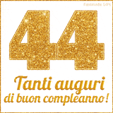 GIF animata per un 44° compleanno, Mostra il numero 44 in grandi caratteri dorati pieni di glitter scintillante, Sotto, la scritta 'Tanti auguri di buon compleanno!' in un elegante oro.
