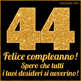 Un GIF animato per un 44° compleanno, Presenta il testo 'Buon Compleanno 44' su uno sfondo giallo vivo con palloncini colorati, festoni e una pioggia di coriandoli.