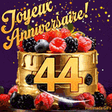 Une animation de célébration d'un gâteau de 44ème anniversaire, Des étoiles dorées tombent du ciel, mettant en valeur le texte 'Joyeux Anniversaire !' et le nombre doré 44 à l'avant du gâteau.