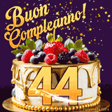 Un GIF animato di una bellissima torta per il 44° compleanno con glassa dorata e frutti di bosco freschi, Il numero dorato 44 è davanti, e stelle cadono su uno sfondo viola scuro.
