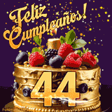 Una animación de celebración de una tarta para el 44º cumpleaños, Estrellas doradas caen del cielo, destacando el texto '¡Feliz Cumpleaños!' y el número dorado 44 en la tarta.