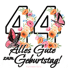 Ein florales GIF zum 44. Geburtstag. Die Zahl '44' ist von animierten Blumen und Schmetterlingen umgeben und bietet eine schöne und fröhliche Art, den Meilenstein zu feiern.