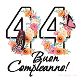 Questo GIF di Buon 44° Compleanno mostra il numero venti riempito con un vibrante bouquet di fiori animati, con farfalle che si muovono dolcemente su uno sfondo bianco.