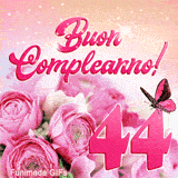 Buon compleanno 44 anni in questa GIF che mostra rose rosa festose, numero rosa e splendide scintille luminose animate nello sfondo.