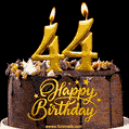 44 Birthday Chocolate Cake with Gold Glitter Number 44 Candles (GIF)