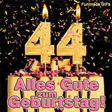 Eine festliche Torte mit der brennenden goldenen 44. Glitzerndes Konfetti regnet herab auf dunklem Hintergrund. Text im Bild: Alles Gute zum Geburtstag!