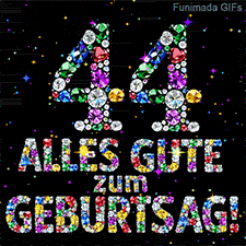 Auf dunklem Grund leuchten die Zahl 44 und Alles Gute zum Geburtstag aus bunten Juwelen inmitten von animierten leuchtenden Sternen.