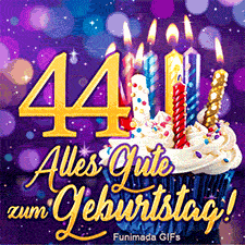 Violetter Hintergrund mit hellen Sternen zeigt die goldene 44. Ein Muffin mit Kerzen und goldener Schriftzug ergänzen das Geburtstagsmotiv.