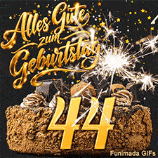 Goldener Sternenregen über einer festlichen Schokotorte mit der Ziffer 44. Eine helle Wunderkerze leuchtet direkt neben den Geburtstagswünschen.