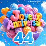 Un bouquet animé de ballons lumineux se balance doucement. Les lettres 3D forment Joyeux Anniversaire au-dessus du grand chiffre bleu 44.