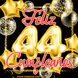 Animación de un GIF con el número 44 en dorado, rodeado de estrellas, burbujas brillantes y la frase 'Feliz cumpleaños' en letras modernas y festivas.