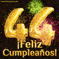 ¡Muy felices 44 años! GIF de texto dorado y fuegos artificiales.