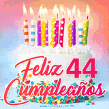 GIF animado con un pastel blanco decorado con confites y velas de colores encendidas, acompañado de la frase 'Feliz 44 cumpleaños' sobre un fondo alegre.