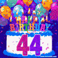 44th Birthday Cake gif: colorful candles, balloons, confetti and number 44