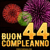 Animazione di fuochi d'artificio colorati con il numero 44 in oro brillante e la scritta 'Buon Compleanno' su uno sfondo nero festivo ed elegante.