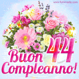 Bouquet animato con rose rosa, margherite e altri fiori colorati, con il numero 44 e la scritta 'Buon Compleanno!' in stile elegante e luminoso.