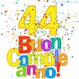 Animazione con il numero 44 in giallo e scritte multicolore 'Buon Compleanno!', accompagnate da una pioggia di stelle e coriandoli colorati.