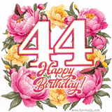 A celebratory GIF image features the animated number '44' and the words 'Happy Birthday!' surrounded by pink and yellow flowers. Two moving butterflies are included in this festive design.