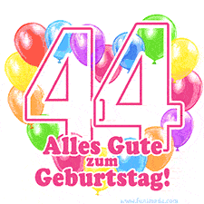 Ein verspieltes animiertes Geburtstags-GIF mit bunten Ballons in Herzform und der Zahl 44.