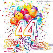 Ein lebendiges Geburtstags-GIF mit bunten Ballons, animiertem Konfetti, der Zahl 44 und den Worten 'Alles Gute zum Geburtstag' in dekorativer Schriftart.