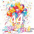 Des confettis animés, des ballons multicolores et un coffret cadeau dans un joyeux GIF de 44e anniversaire