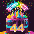 Gâteau au chocolat avec le numéro 44 orné d'un glaçage vibrant, de bougies et d'une décoration arc-en-ciel