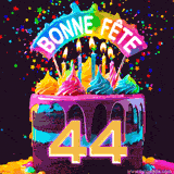 GIF animé pour un 44e anniversaire avec un gâteau au chocolat recouvert de glaçage arc-en-ciel, des bougies allumées, et le texte 'Bonne Fête' sur un fond étoilé et festif.