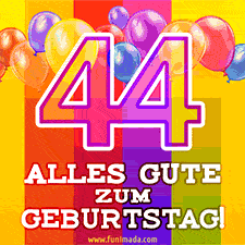 Große Zahl 35 in Umrissschrift, die Worte 'Alles Gute zum 44. Geburtstag', mehrfarbige animierte Ballons und lebendiger Hintergrund.
