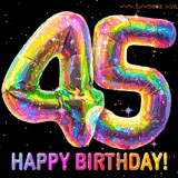 Shiny number 45 birthday celebration balloons with an iridescent glow and glitter on a black background with twinkling stars.