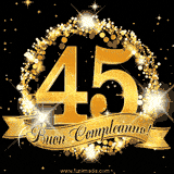 Il numero 45 è circondato da un anello dorato brillante, accompagnato da un nastro elegante con la scritta 'Buon Compleanno!' su uno sfondo scuro.
