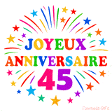 GIF animé joyeux anniversaire 45 ans avec étoiles multicolores et feu d’artifice