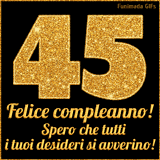 Un GIF animato per un 45° compleanno, Presenta il testo 'Buon Compleanno 45' su uno sfondo giallo vivo con palloncini colorati, festoni e una pioggia di coriandoli.