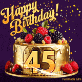 A delicious-looking animated birthday card for a 45th birthday, decorated with raspberries, blackberries, and gold details, Stars sparkle and fall, with 'Happy Birthday!' text above.