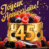 Une animation de célébration d'un gâteau de 45ème anniversaire, Des étoiles dorées tombent du ciel, mettant en valeur le texte 'Joyeux Anniversaire !' et le nombre doré 45 à l'avant du gâteau.
