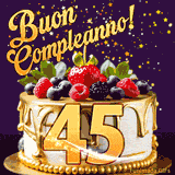 Un GIF animato di una bellissima torta per il 45° compleanno con glassa dorata e frutti di bosco freschi, Il numero dorato 45 è davanti, e stelle cadono su uno sfondo viola scuro.
