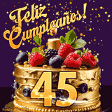 Una animación de celebración de una tarta para el 45º cumpleaños, Estrellas doradas caen del cielo, destacando el texto '¡Feliz Cumpleaños!' y el número dorado 45 en la tarta.