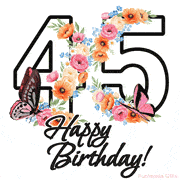 A floral 45th birthday animated greeting card. The number '45' is surrounded by animated flowers and butterflies, creating a beautiful and cheerful way to celebrate the milestone.