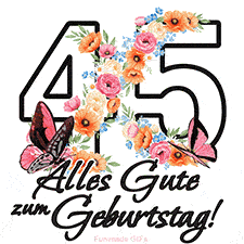 Ein florales GIF zum 45. Geburtstag. Die Zahl '45' ist von animierten Blumen und Schmetterlingen umgeben und bietet eine schöne und fröhliche Art, den Meilenstein zu feiern.