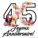 Ce GIF de Joyeux 45ème Anniversaire présente le nombre vingt rempli d'un bouquet vibrant de fleurs animées, avec des papillons qui bougent doucement sur un fond blanc.