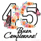 Questo GIF di Buon 45° Compleanno mostra il numero venti riempito con un vibrante bouquet di fiori animati, con farfalle che si muovono dolcemente su uno sfondo bianco.