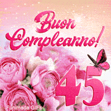 Animazione GIF per i 45 anni: composizione di rose rosa, farfalla rosa e uno sfondo animato di polvere di stelle e glitter scintillanti.