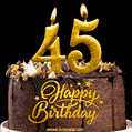 45 Birthday Chocolate Cake with Gold Glitter Number 45 Candles (GIF)