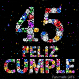 Imagen donde el número 45 y la frase FELIZ CUMPLE se observan compuestos de cristales vibrantes sobre un fondo oscuro con pequeños destellos.