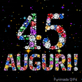 Su uno sfondo scuro, il numero 45 e la parola Auguri sono formati da diamanti multicolori, accompagnati da piccole stelle scintillanti.