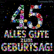 Farbige, glitzernde Edelsteine formen die Ziffer 45 und den Text Alles Gute zum Geburtstag auf schwarzem, von Lichtpunkten erfülltem Hintergrund.