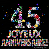Sur un fond sombre, le chiffre 45 et Joyeux Anniversaire sont formés par des diamants multicolores, accompagnés de petites étoiles scintillantes.