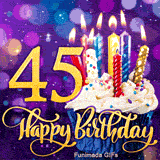 The golden digit 45 beside a sprinkled cupcake with lit candles. Happy Birthday is written in golden script on a blurry purple background.
