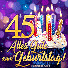 Die Zahl 45 in Gold neben einem Cupcake in blauer Papierform mit Kerzen. Unten steht 'Alles Gute zum Geburtstag!' auf einem lila Hintergrund.