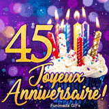 GIF 45 ans anniversaire avec un cupcake aux bougies colorées illuminées et le nombre 45 en or sur fond violet.